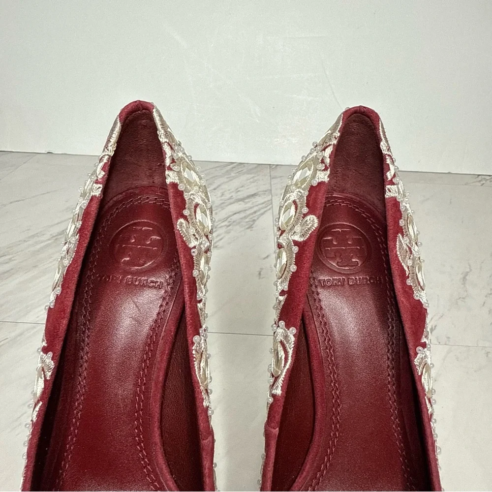 Tory Burch Francesca Red White Embroidered Pointy Toe Pump 5 1/2 M